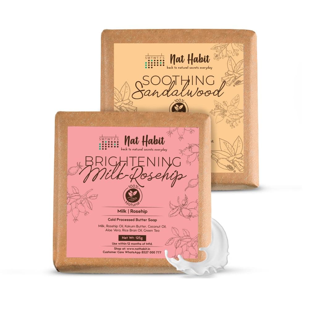 Nat Habit Bath Soap Combo Milk Rosehip & Sandalwood - Enriched with Vitamins C & Ayurvedic Cold Processed For Exfoliation, Brightening, Cleansing, Nourishing, Men & Women (2 X 125gm)