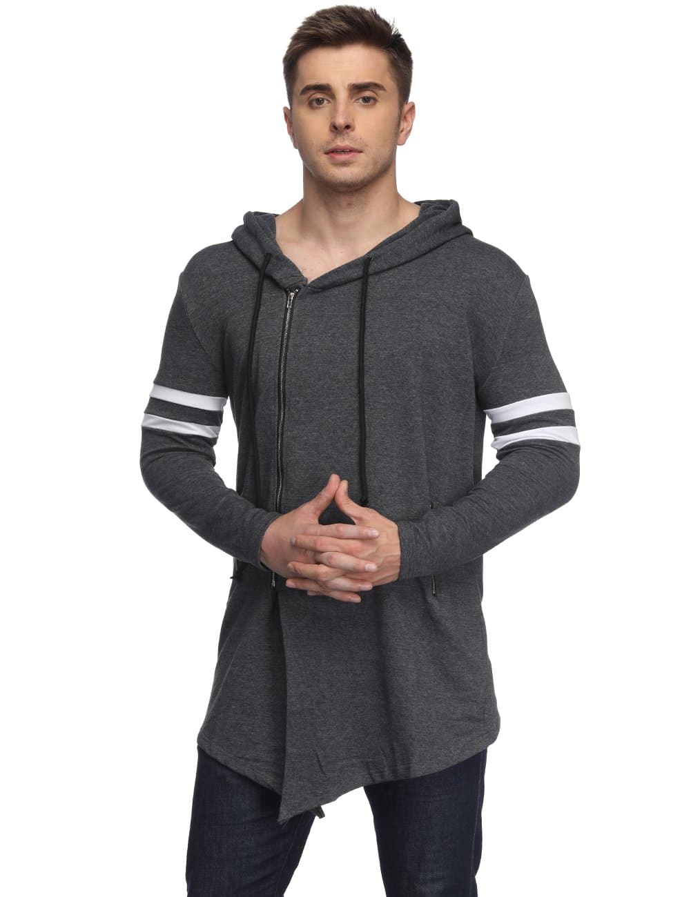 HEQU Men's Hipster Hip Hop Asymmetrical Zip Hoodies Irregular Long Jacket Dark Grey XXL