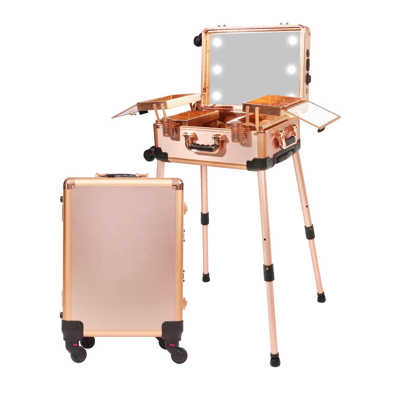 Holydecot Makeup Train Case with Speaker & Code Lock & Full Screen Lighted Mirror & 3 Light Colors, Lighted Rolling Cosmetic Organizer, Professional Artist Trolley Studio Free Standing