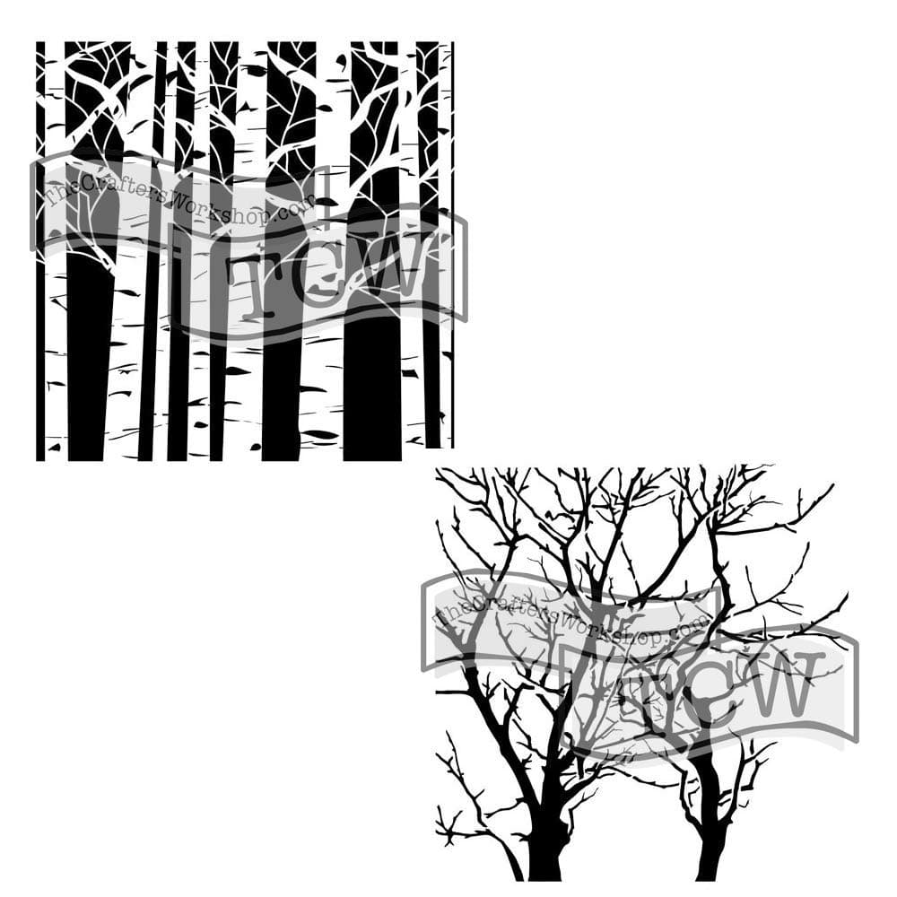 The Crafters Workshop Reusable Stencils for Crafts, Art, Journaling, Scrapbooking, Card Making, Airbrushing, Painting or Mixed Media, 2 Pk, 6" x 6", Aspen Trees/Reversed Branches