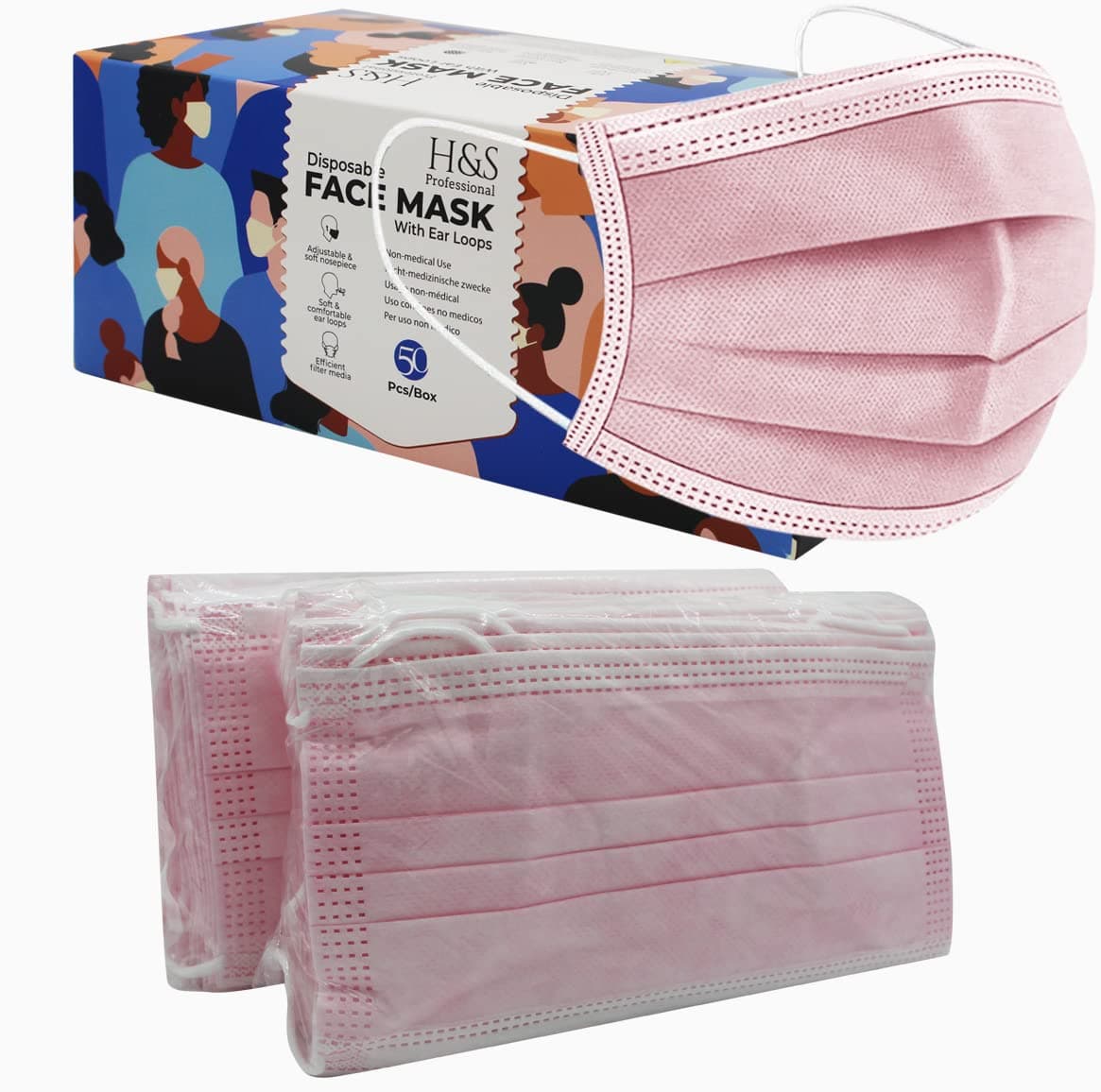 H&S Professional 50PCS Disposable Face Masks with Elastic Ear Loop, 3-Ply Earloop Breathable Non-Woven Mouth Cover Mask for Home, Park, Office- Pink