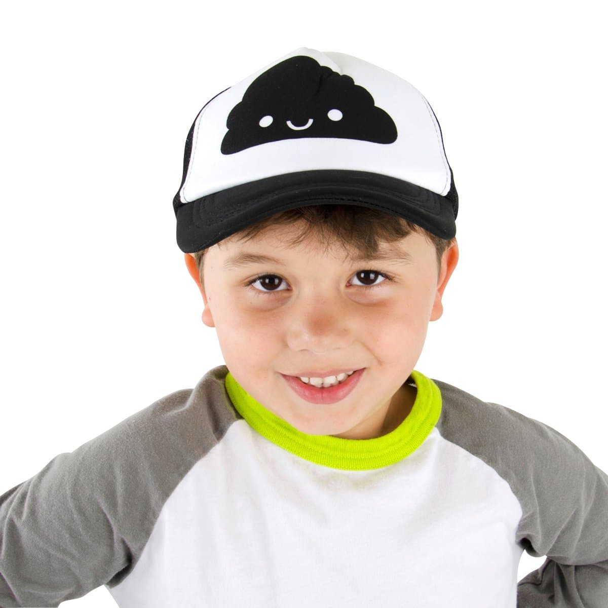 Black Mesh Happy Cloud Trucker Hat with Snapback Adjustable Strap