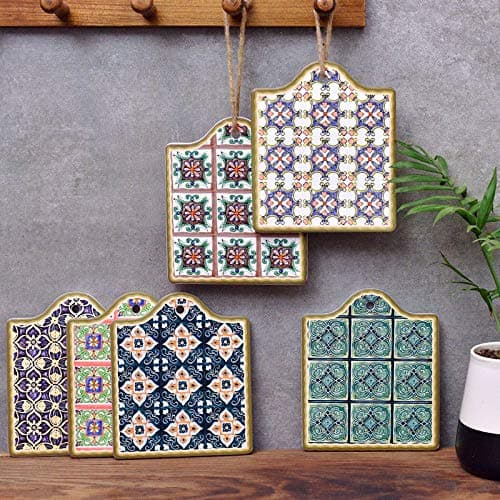 RISEON Boho Vintage Moroccan Ceramic Trivet Pot Holder Non-Skid Heat Insulation Hot Pot Pad Mug Cork Mat Cork Holder Bowl Pad Coaster Drink Cupmats Table Placemats Home Cafe Decor Gift (E)