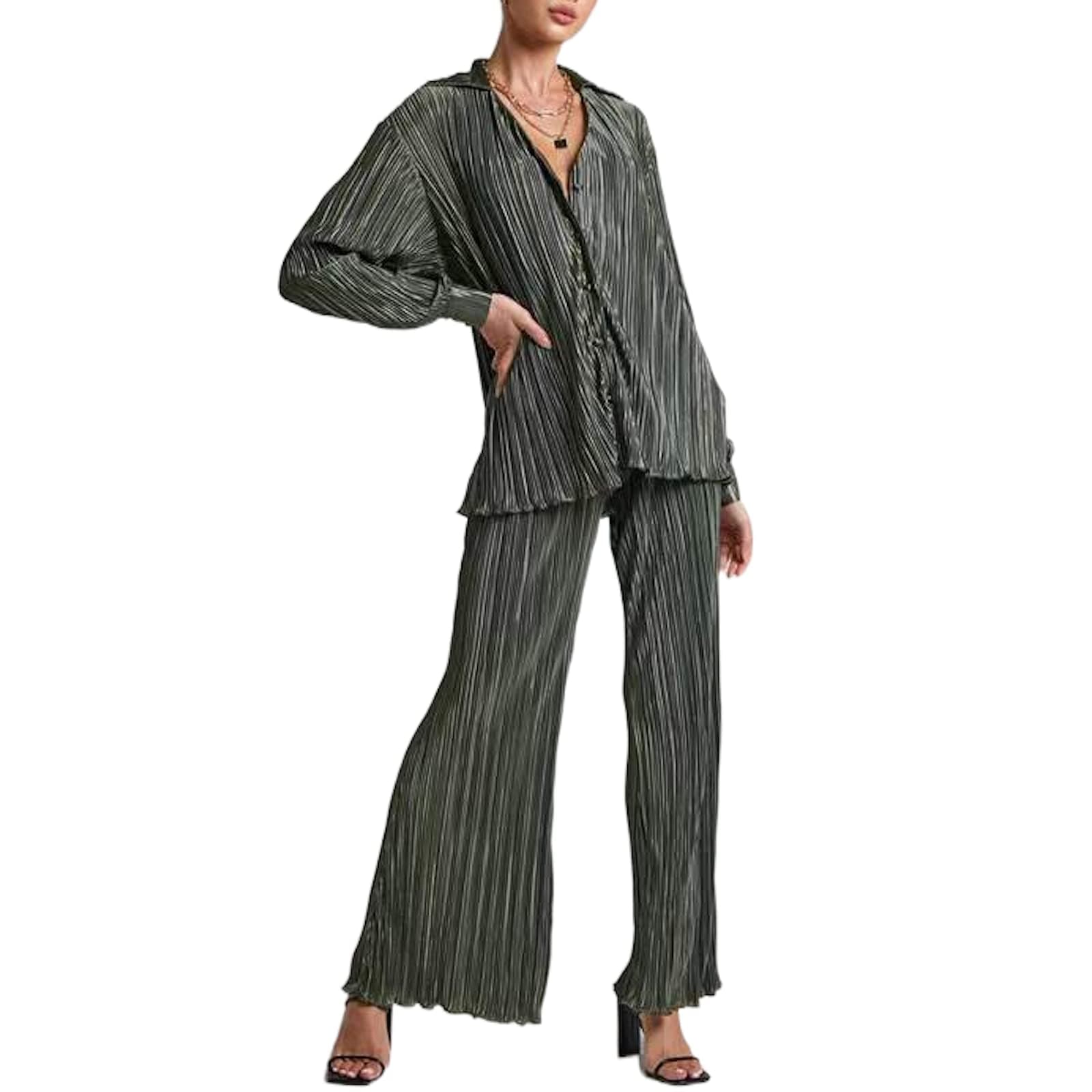 KMBANGI Women 2 Piece Pleated Pants Set Long Sleeve Button Down Blouse Shirt Printed Wide 90s Pants Outfits Lounge Streetwear