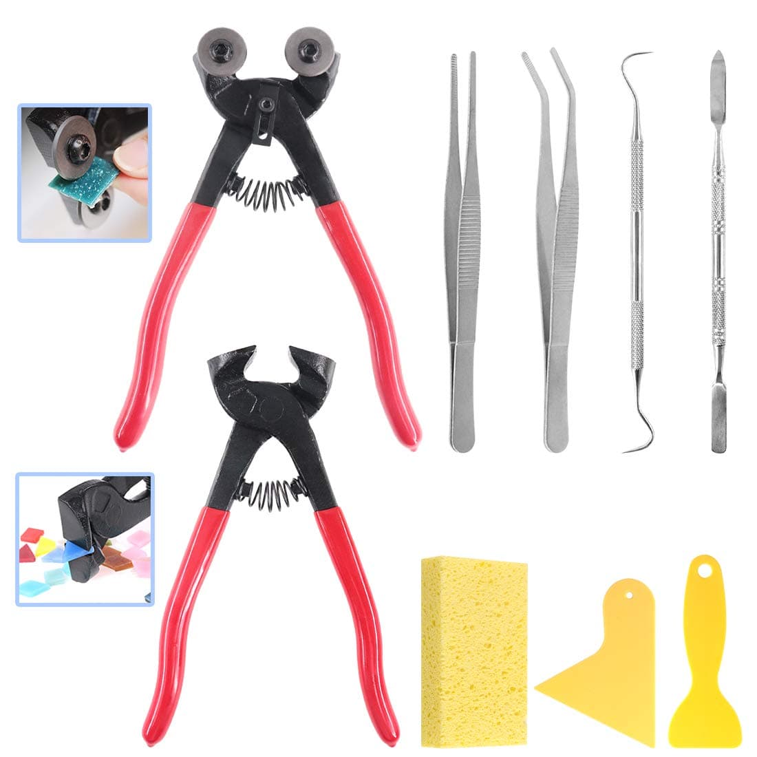 9Pcs Mosaic Tools Set, 2Pcs Heavy Duty Wheeled Glass Mosaic Nippers and Tile Cutter Pliers with 7Pcs Mosaic Tile Tools