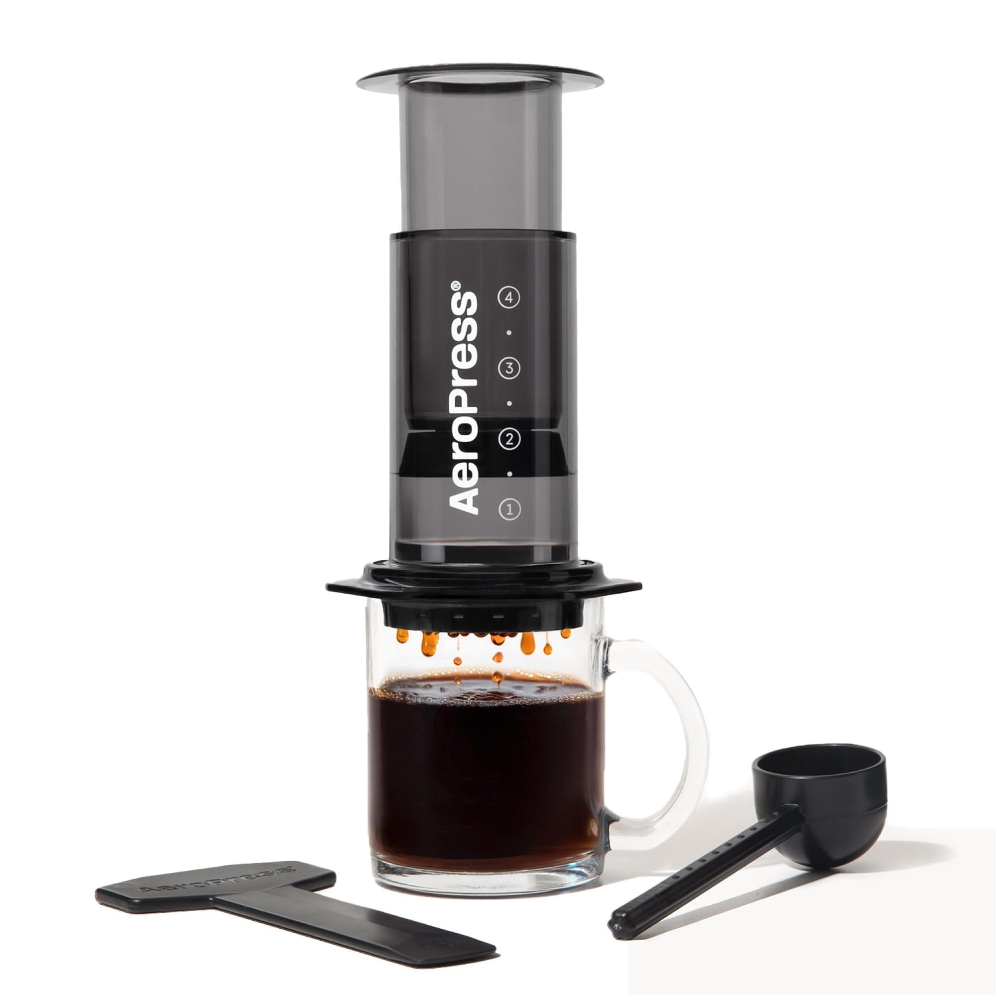 AeroPress Clear Black Coffee Press - 3‑in-1 brewing method combines French Press, espresso and rich coffee without grums or bitterns, small portable coffee maker for camping and travel, black