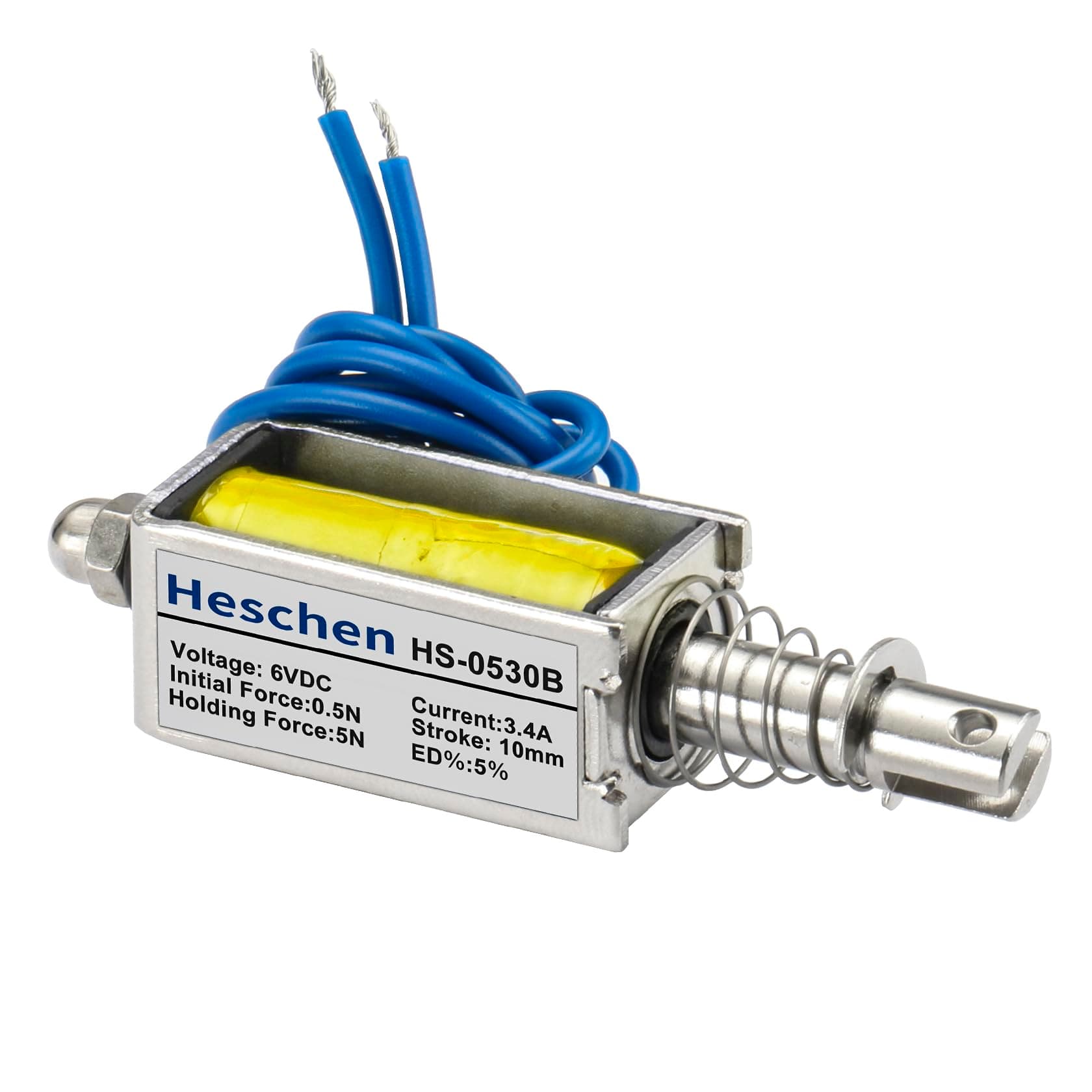 Heschen DC Solenoid Electromagnet, Push Pull Type, HS-0530B, DC6V 3.4A, 10mm Stroke, Initial Force 0.5N, Max Keep Force 5N, Open Frame, Linear Motion