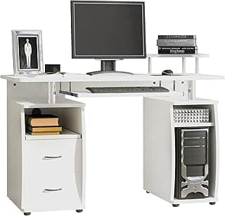Computer Desk Office PC Table Workstation with Keyboard Tray, CPU Shelf, Drawers, Sliding Scanner Shelf, White 120 x 55 cm
