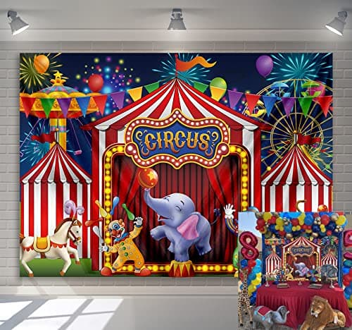 Red Circus Backdrop Amusement Park Tents Stratus Playground Carnival Carousel Kids Boy Girl 1st First one Birthday Party Background Photo Baby Shower, 7x5FT(width 210cm x Height 150cm)