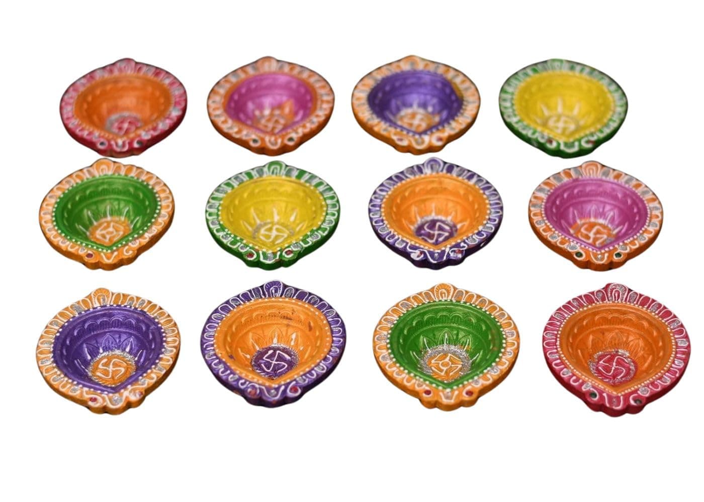 Collectible India Clay 12 Diyas Diya Deepak Earthen Assorted Colorful Set - Diwali Decoration Puja - Handpainted Diya for Home Indoor Outdoor Diwali Design Handmade Mix Color (Set of 12)
