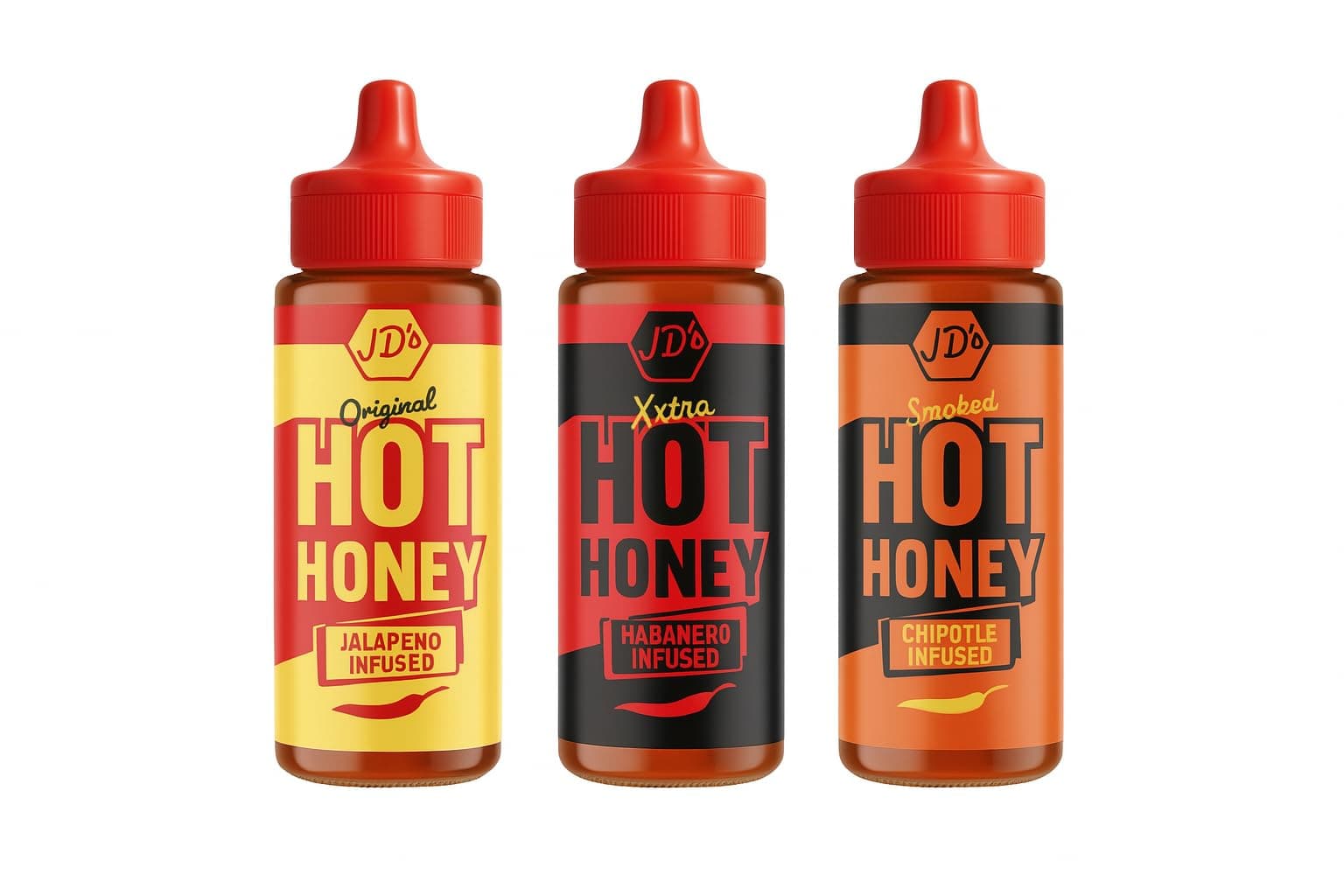 JD's Hot Honey 3 Sauces - Original, Xxtra Hot, Chipotle