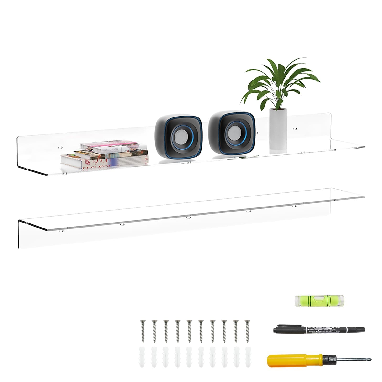 36 Inches Acrylic Wall Shelves 2 Pack, Floating Shelf for Wall Mounting, Acrylic Display Ledges for Funko Pop Figures, Home Décor, Living Room, Gaming Room, Plants(36 inch, Clear)