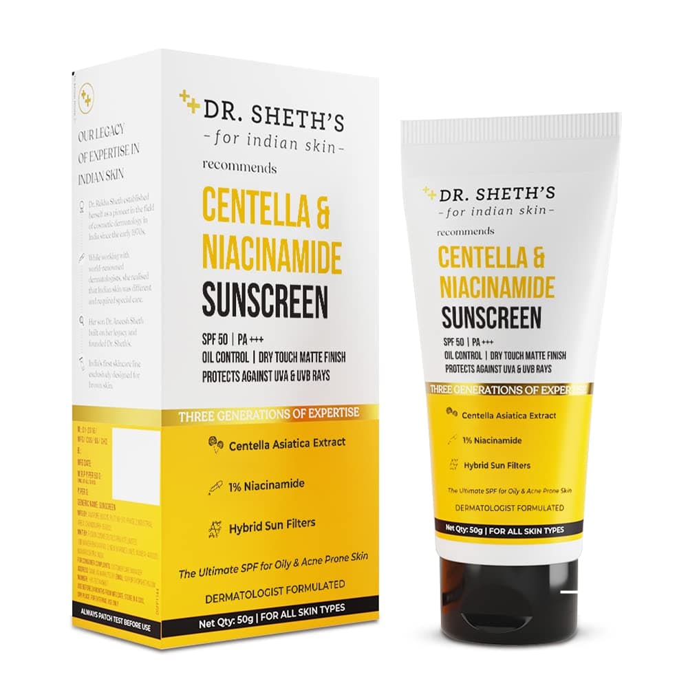 Dr Sheth's Centella & Niacinamide Sunscreen SPF 50 PA+++ For Oily & Acne-Prone Skin Sweat Proof & Water-Resistant Dry Touch Matte Finish Controls Excess Oil Protects Against UVA & UVB Rays