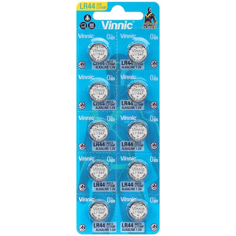Vinnic L1154F / LR44 / AG13 1.5 V Alkaline Batteries - Pack of 10