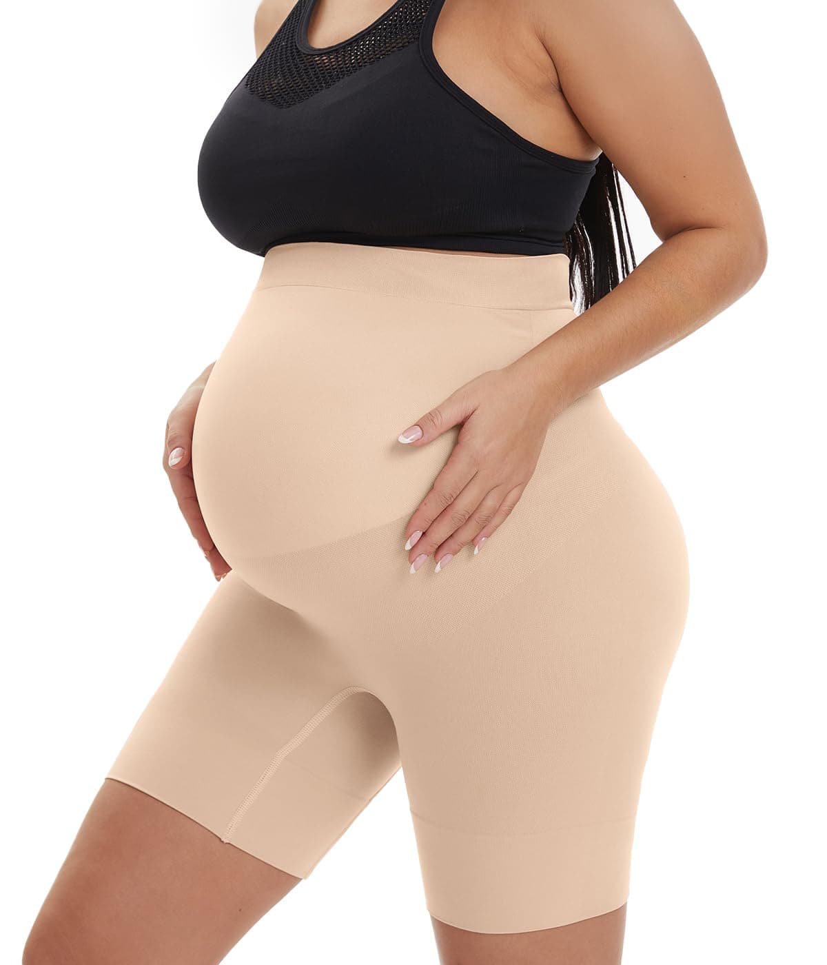 QEAUTY LAB Maternity Shapewear High Waist Above Knee Length Pregnancy Underwear Anti Chafee US Size: Medium Color: Brown, nude, M