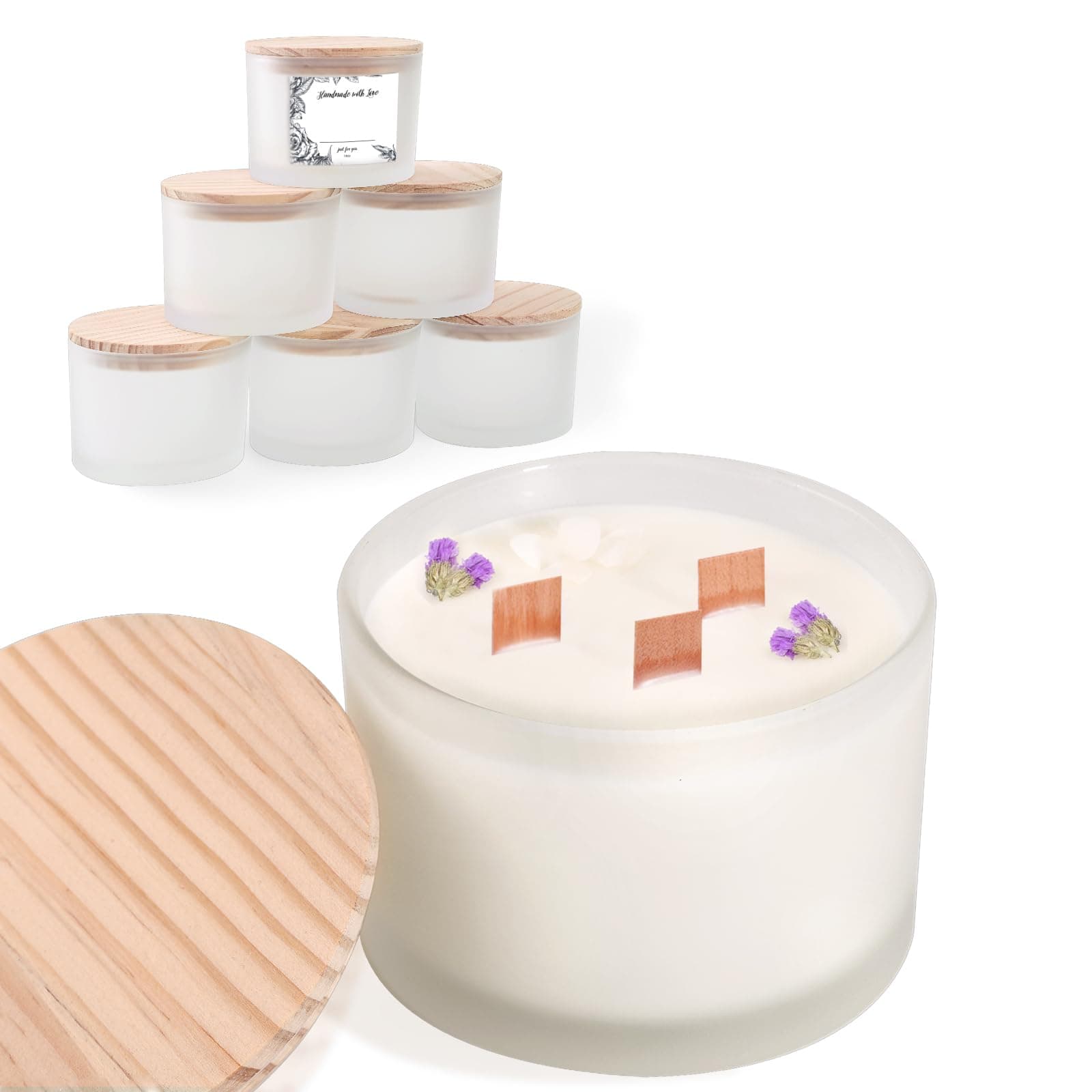 6 Pack Glass Candle Jars with Lids (16oz, Forested White) - Large Candle Jars for 3 Wick Candles Making - Empty Candle Jars Containers - Candle Making Accessories include 16Pcs Candle Labels