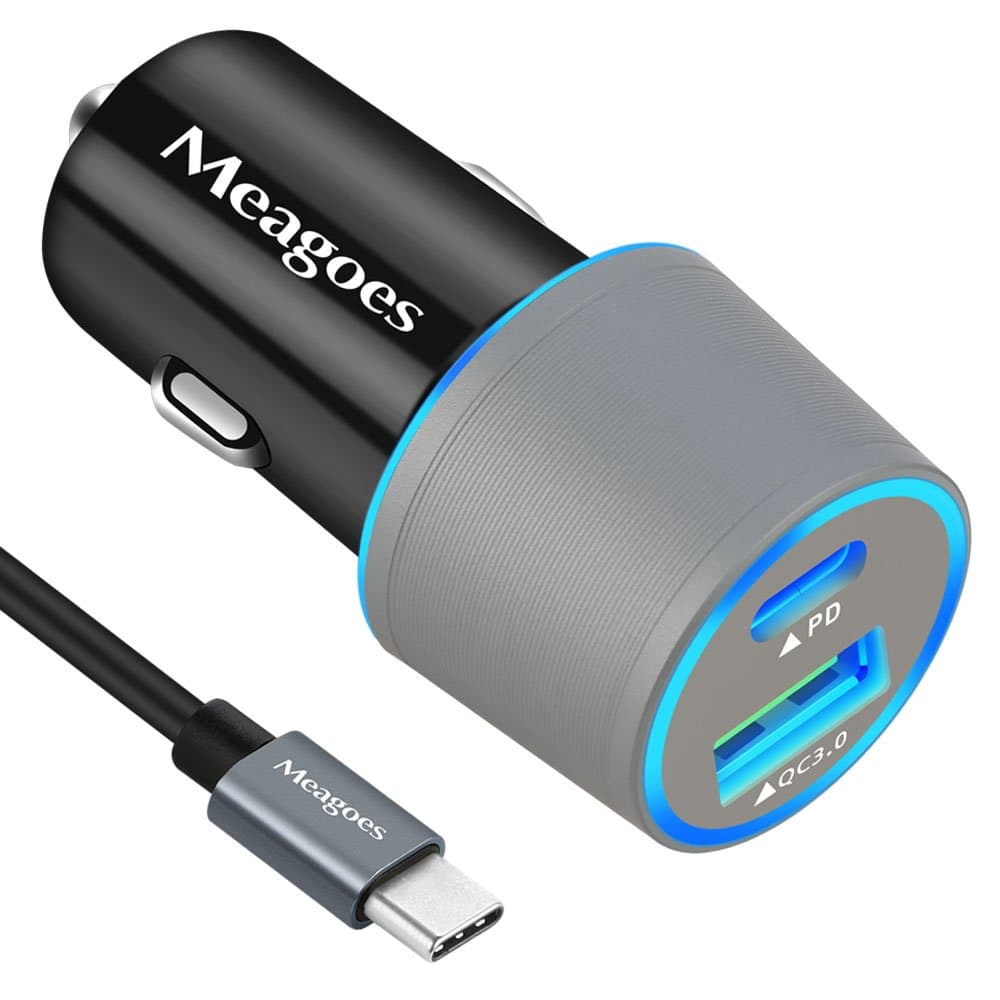 Meagoes USB C Car Charger, 36W 2-Port Fast Car Adapter with PD&QC3.0 Compatible for Samsung Galaxy S20 Plus/Ultra/S20/S10, Note 10, iPhone 11 Pro Max/11, Google Pixel 4 XL/3a, Moto - 3.3ft Type C Cord