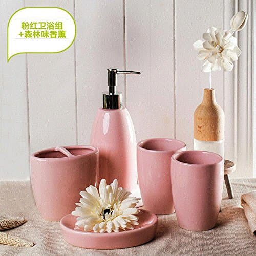 Modern Design 5Piece Ceramic Bathroom Accessory Set , Soap Dish, Tooth Brush Holder, Soap Dispenser,F Pink + Aromatherapy