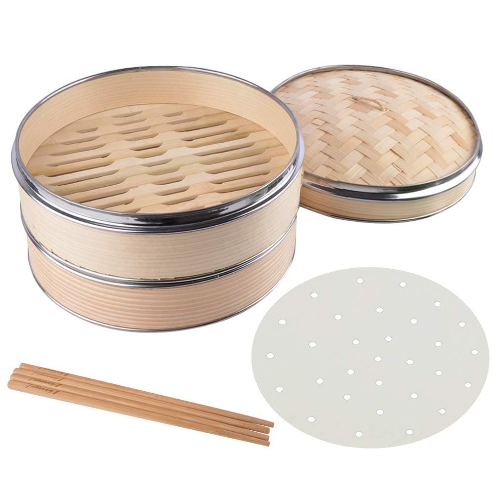 Bamboo Steamer, 10 inch 2 Tier Bamboo Steamer Basket by Haneye, Bamboo Dim sum Steamer Basket Rice Steamer Dumpling Steamer Bun Steamer, Includes 2 Pairs Chopsticks and 100 Steamer Paper Liners