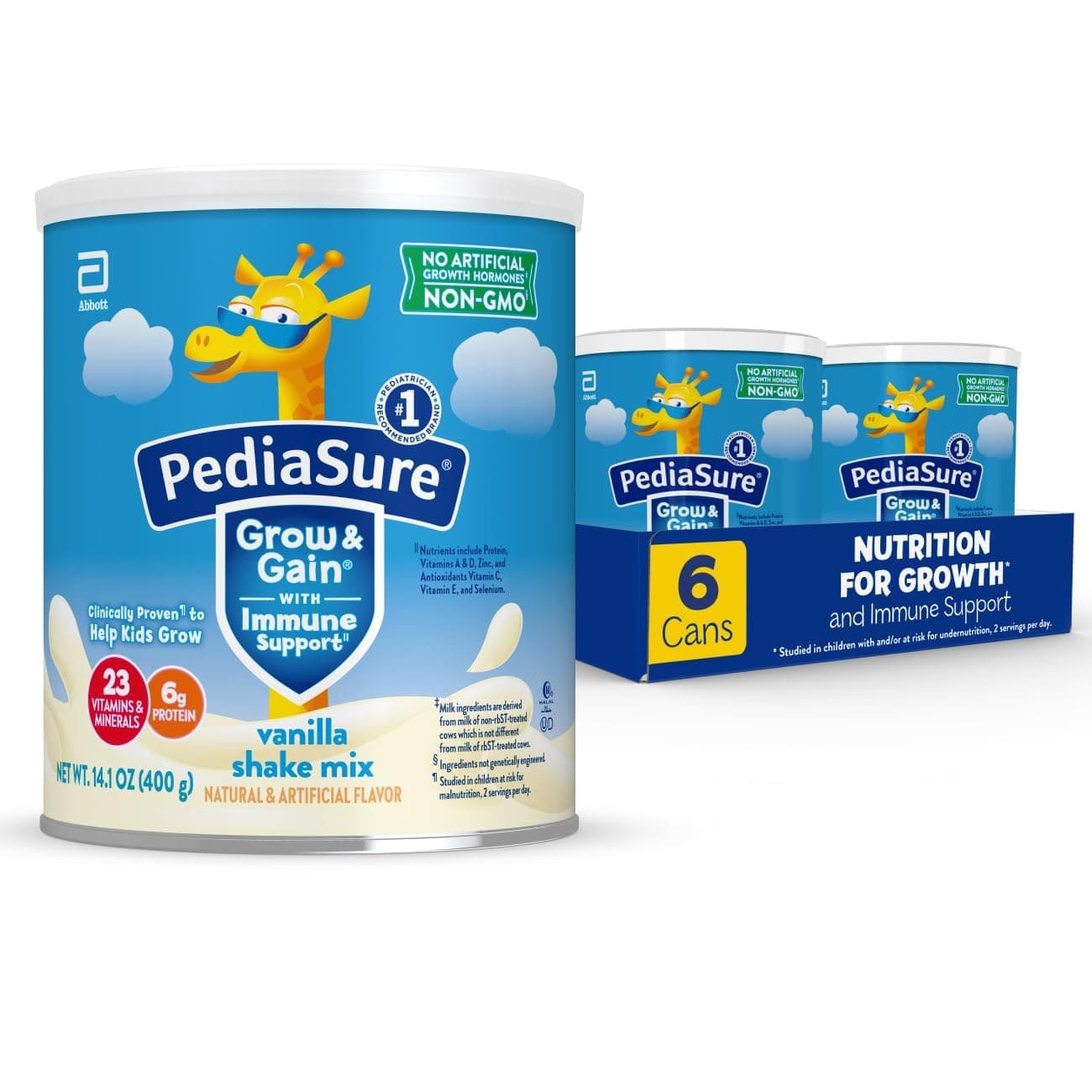 Grow & Gain with Immune Support Shake Mix Powder, 23 Vitamins & Minerals, 6g Protein, Non-GMO, Gluten-Free, Kids Nutrition, Vanilla, 14.1 oz Can, Pack of 6-48 servings