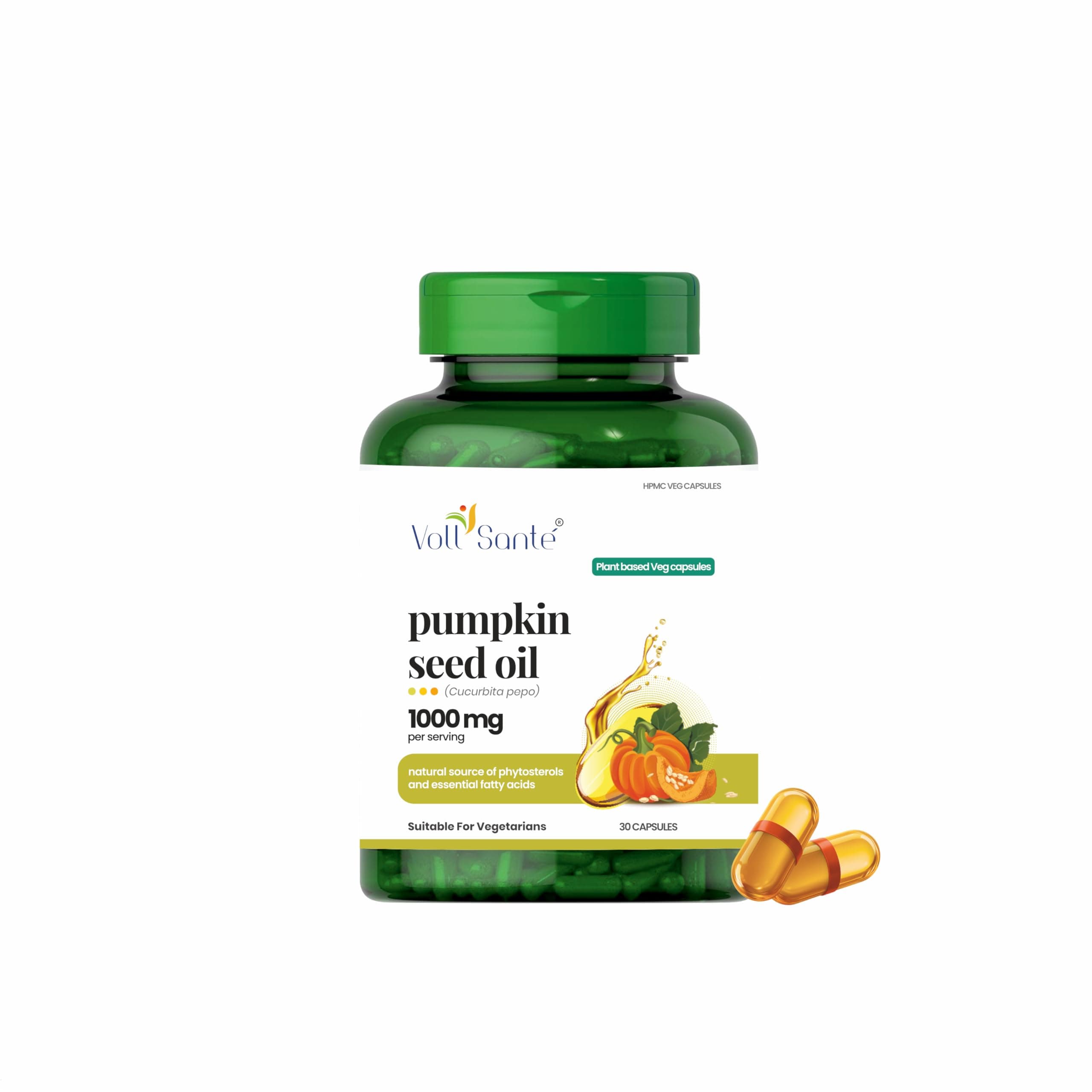 Voll Sante Pumpkin Seed Oil Capsule—1000 mg Per Serving|HPMC Plant-Based Veg Capsules |Non-GMO|Cold-Pressed | Ayurvedic Dietary Supplement | Natural Source of Omega 6 & 9 | Supports Hair & Skin Health | 30 Capsules