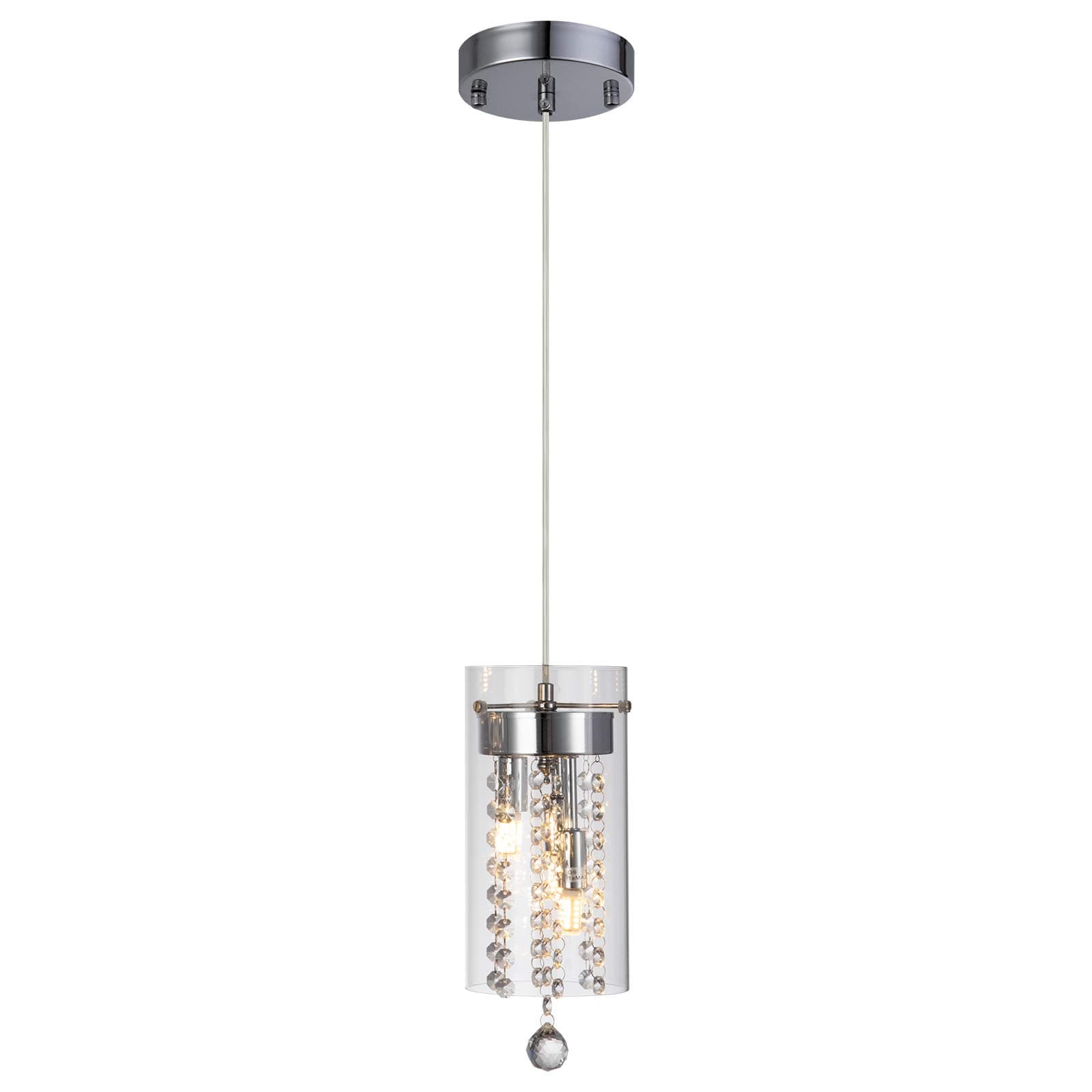 Glass & Crystal Pendant Light with Crystal Beads Modern 1-Light Cylindrical Glass Pendant Lighting Fixture for Kitchen Island Dining Room Cafe Shops Restaurants, Chrome Finish
