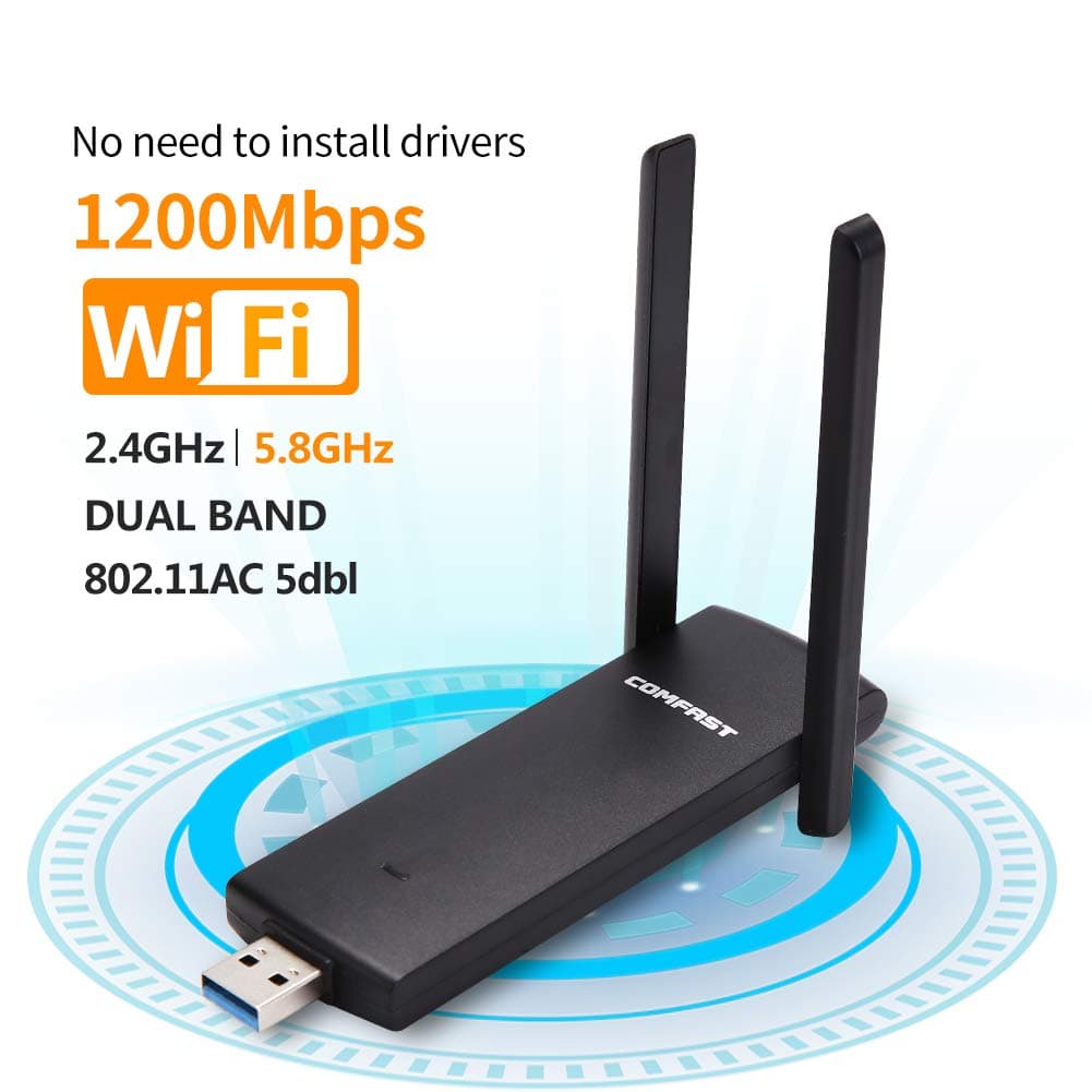 Wifi Dongle-USB Wireless adapter 1200Mbps (Plug and play, no need to install drivers),USB Wifi Adapter for PC/Desktop/Laptop/Tablet with 2.4G/5G 5dBi Dual Antenna, Support Windows 10/8 .1/7/ Vista/XP