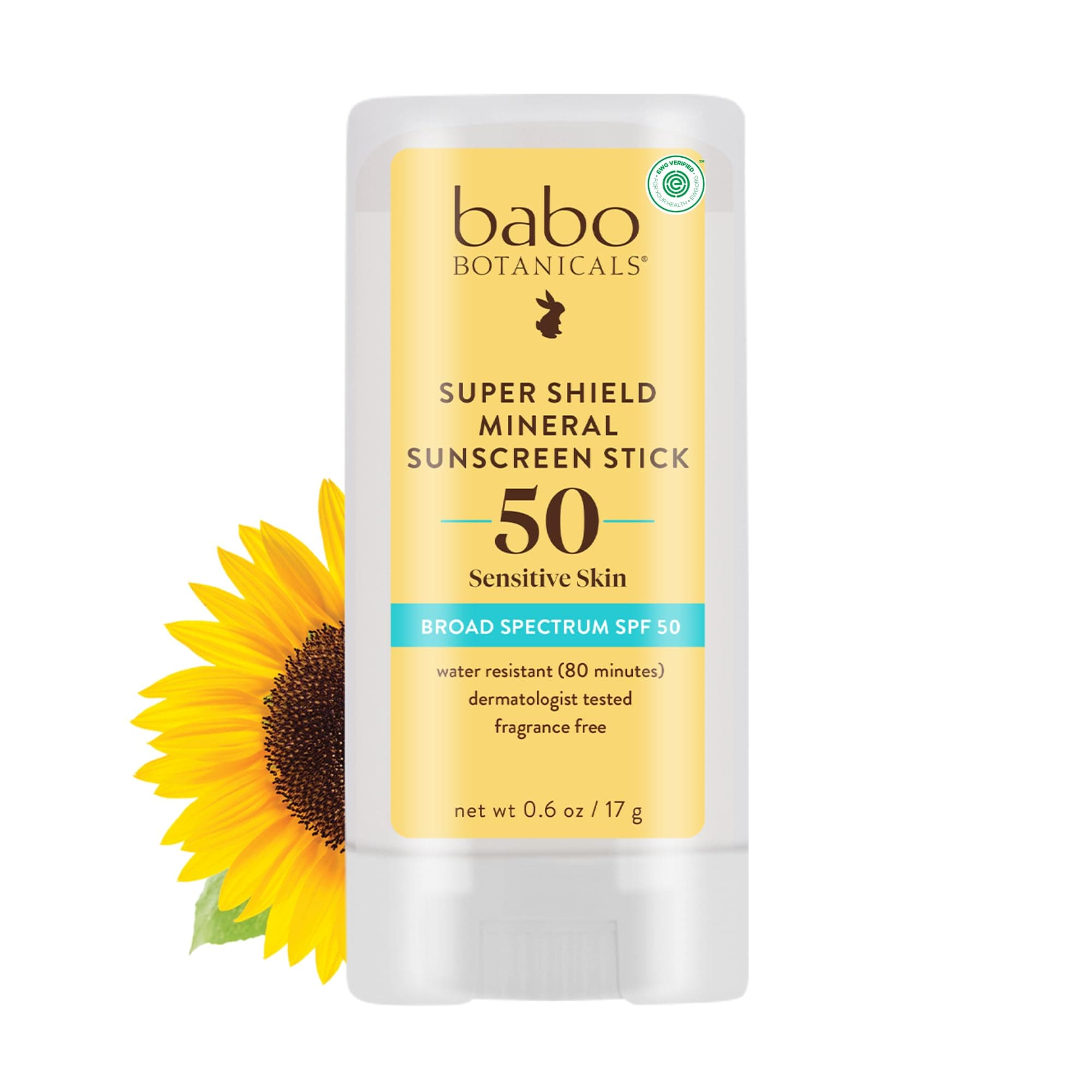 Babo Botanicals Super Shield SPF 50 Natural Sport Stick Fragrance Free Sunscreen, 0.6 Ounce
