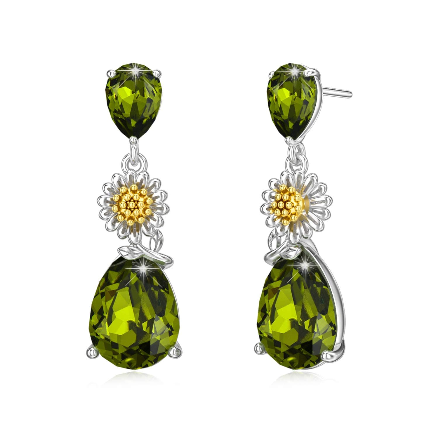 AOBOCO 925 Sterling Silver Green Peridot Earrings Drop Dangle Earrings with Austria Simulated Gemstone Crystal Birthday Jewelry Gift for Women Her