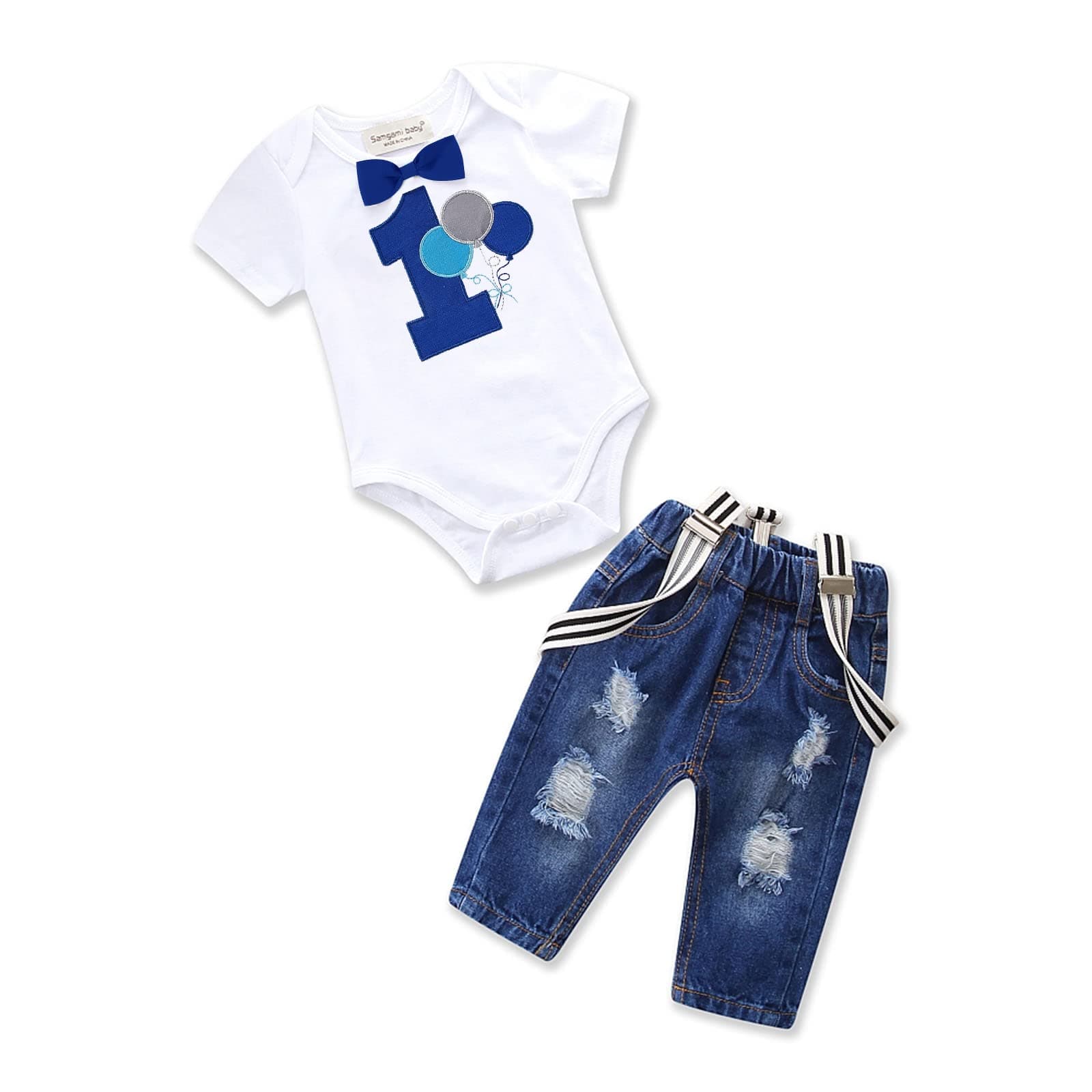 Pinleck Toddler Baby Boy Birthday Clothes Set Bowtie Romper Suspenders Ripped Denim Pants Outfits