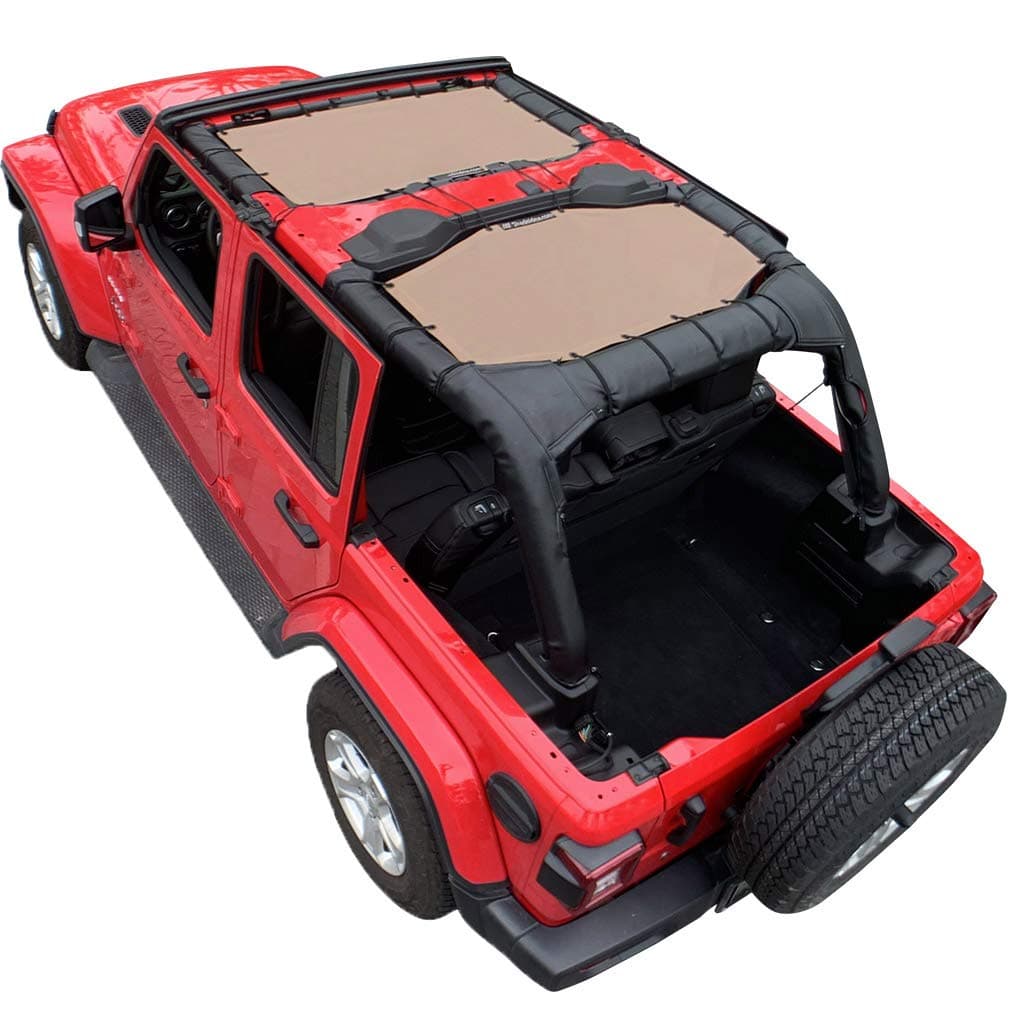 Shadeidea Sun Shade Top for Jeep Wrangler Sunshade JL Unlimited (2018-2023) 4 Door Front and Rear 2 piece -Tan Mesh Screen Sunshade JLU Top Cover UV Blocker with Grab Bag -10 Year Warranty