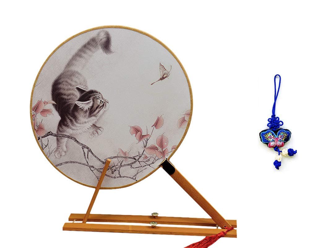 Bamboo Silk Handle Round Hand Fan,Chinese Tang Dynasty Style with Butterfly Embroidery Pendant (B)