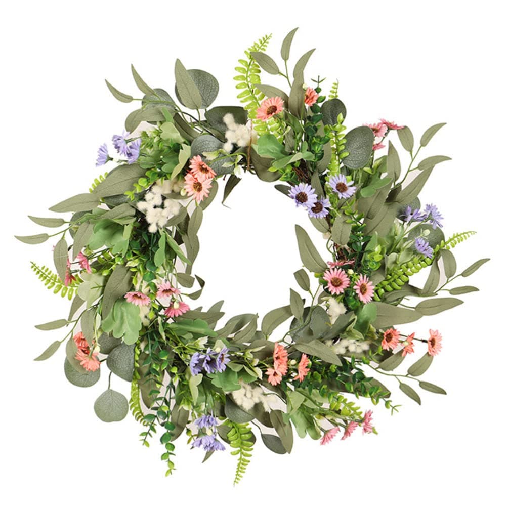 Artificial Eucalyptus Daisy Flower Wreath Spring Door Wreath Farmhouse Front Door Wreath for Indoor Outdoor Decorations