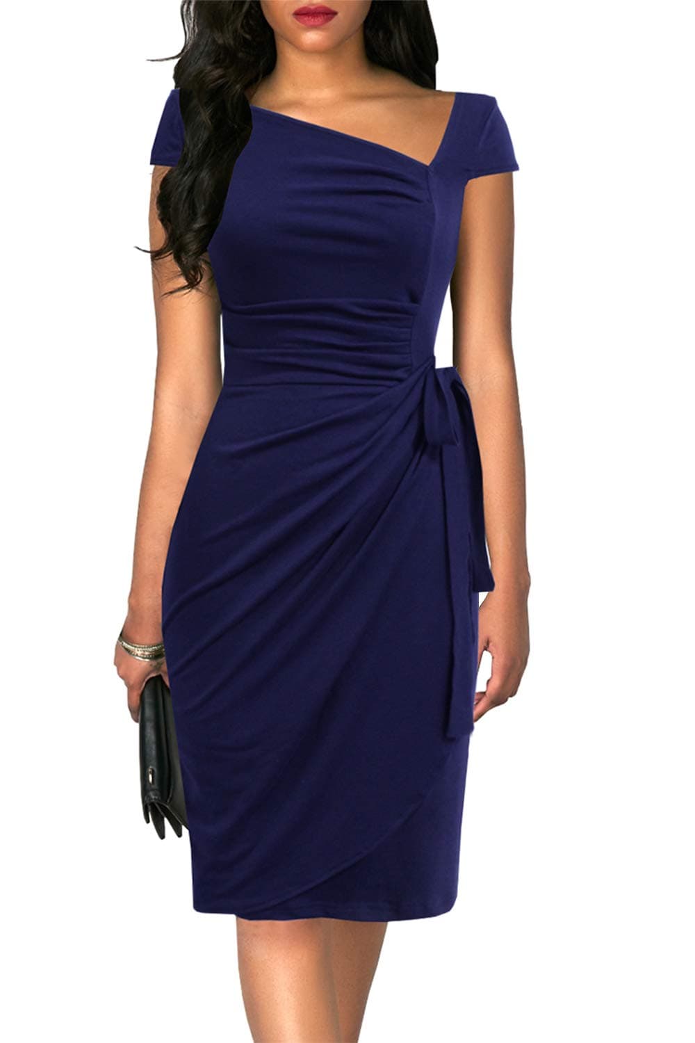 Women's Vintage Cap Sleeves Asymmetrical Neckline Sheath Bodycon Casual Work Cocktail Party Pencil Faux Wrap Dresses