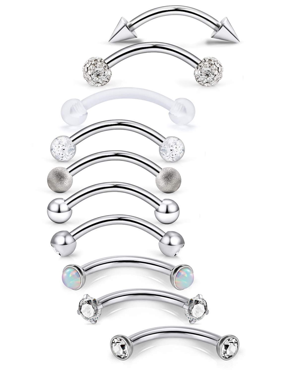 Jenxnjsjo 16g 6/8/10mm Eyebrow/Rook/Snug/Vertical-Labret/VCH/Snake-Eyes/Anti-Tragus/Christina/Daith/Belly-Button/Bridge/Hood/Surface Curved Barbell Piercing Jewelry for Women Men