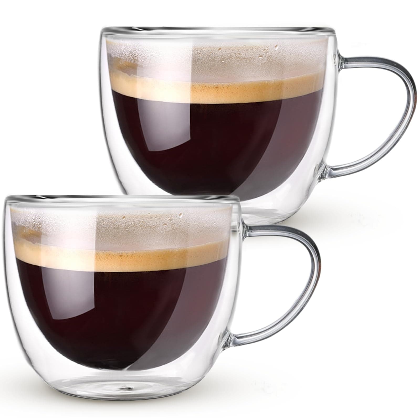 Double Walled Glass Coffee Mugs Set of 2, 10 oz Hand Blown Insulated Coffee Mugs with Handle, Clear Coffee Mugs for Cappuccino, Latte, Americano, Tea Bag, Beverage Glasses Heat Resistant Coffee Cups