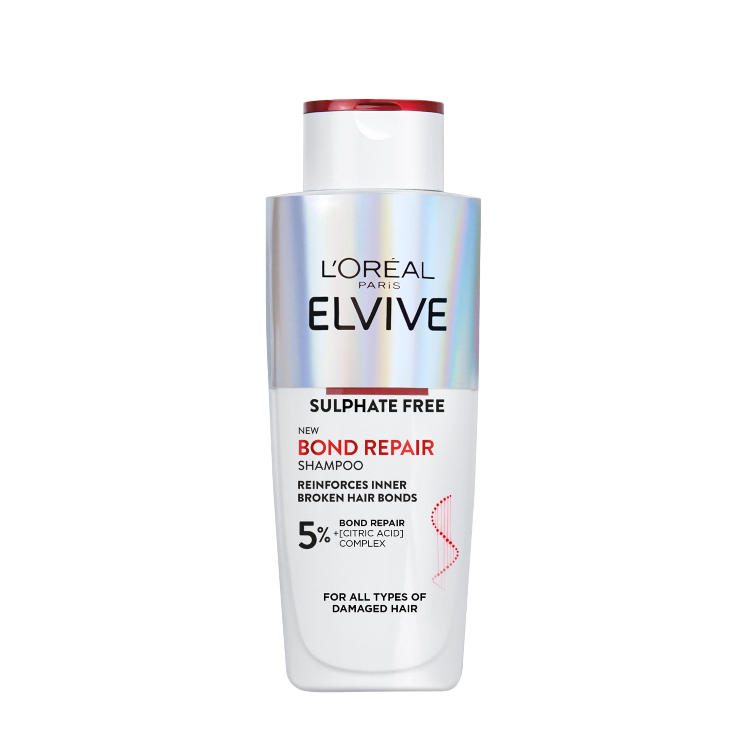 L'Oréal Paris Elvive Bond Repair Sulphate-Free Shampoo, with Citric Acid Complex, Restores Original Strength, 98% Less Breakage, 90% More Shine, 82% Stronger, for All Damaged Hair, 200ml
