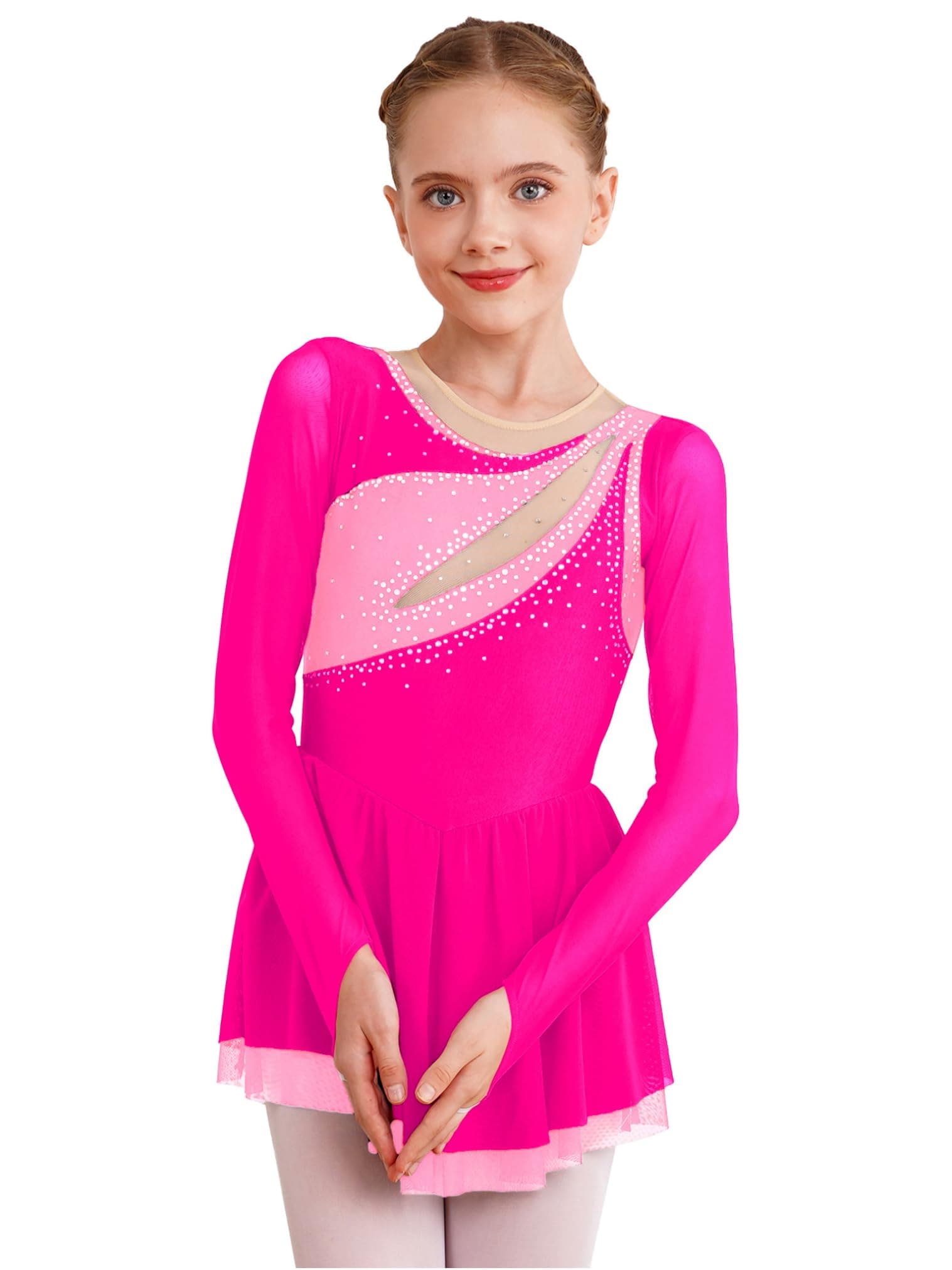 Kids Girls Figure Ice Skating Dress Rhinestones Splice Mesh Tutu Skirted Leotard Dance Dress Dancewear