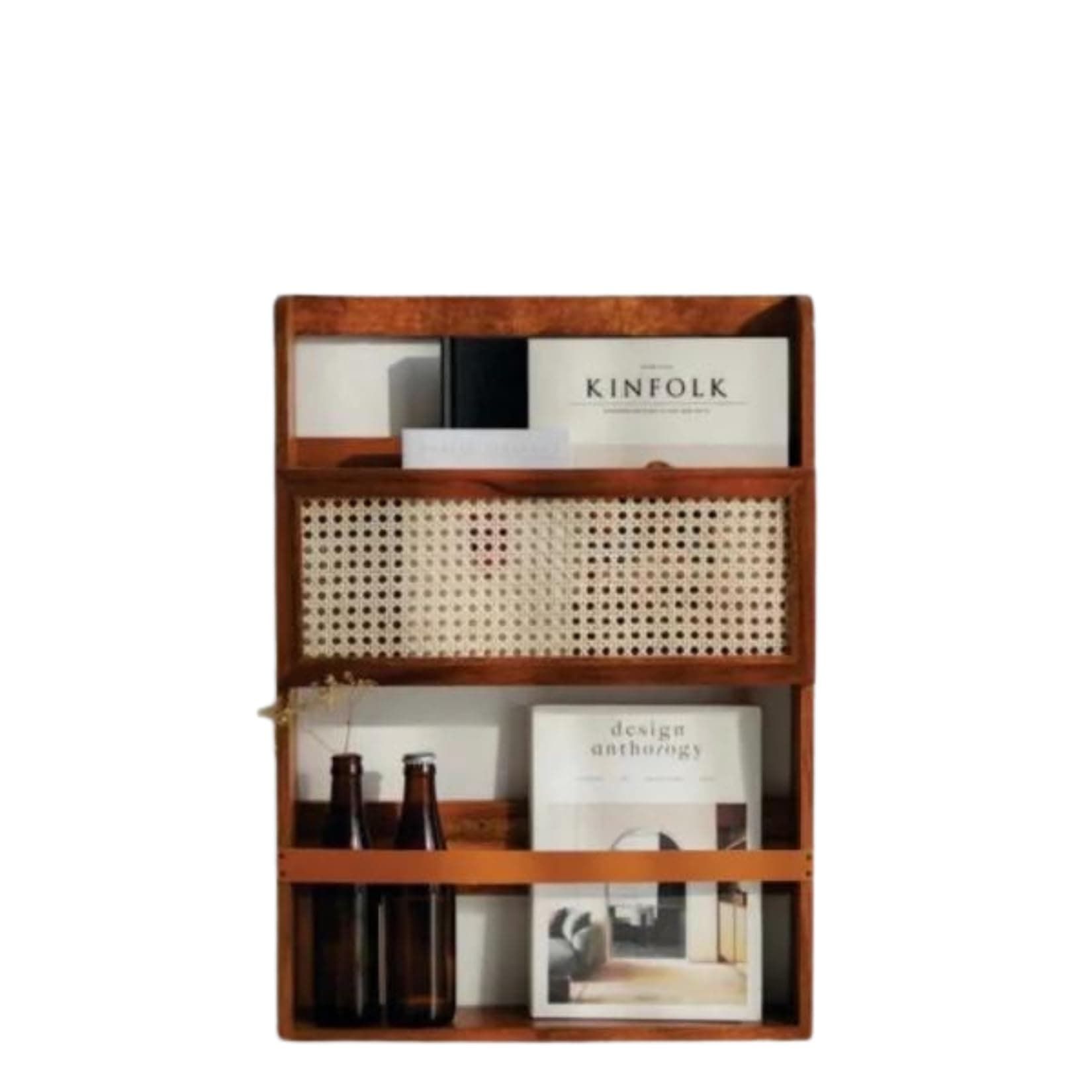 Gargins Magazine Rack - Modern Wicker Shelf with Two Compartments, Solid Wood and Rattan Mesh Construction, Ideal for Any Space
