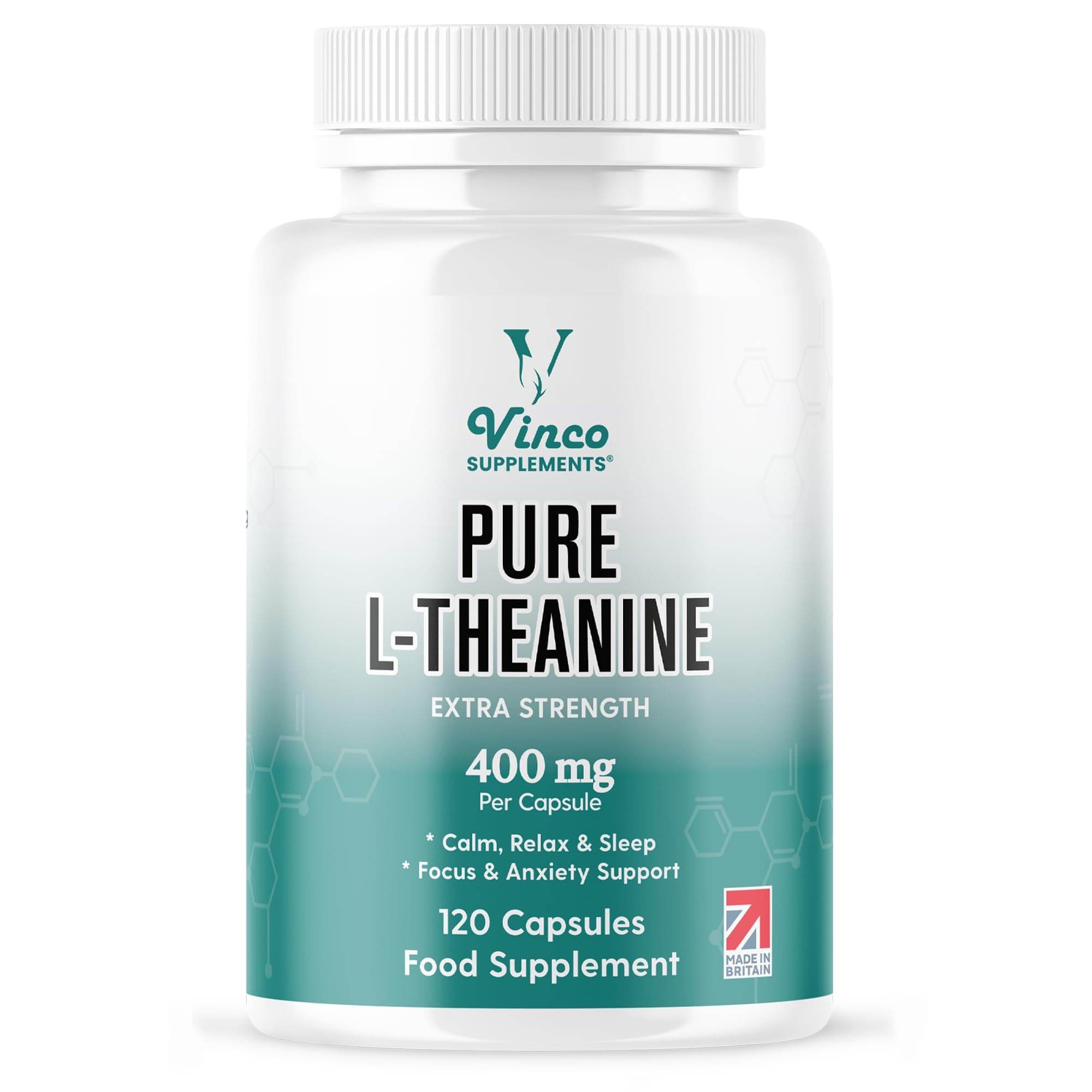 Vinco L-Theanine Supplement - 400mg x 120 High Strength L Theanine Capsules - 99%+ Purity - Supports Sleep & Relaxation - Non-GMO & Gluten Free - Made in The UK