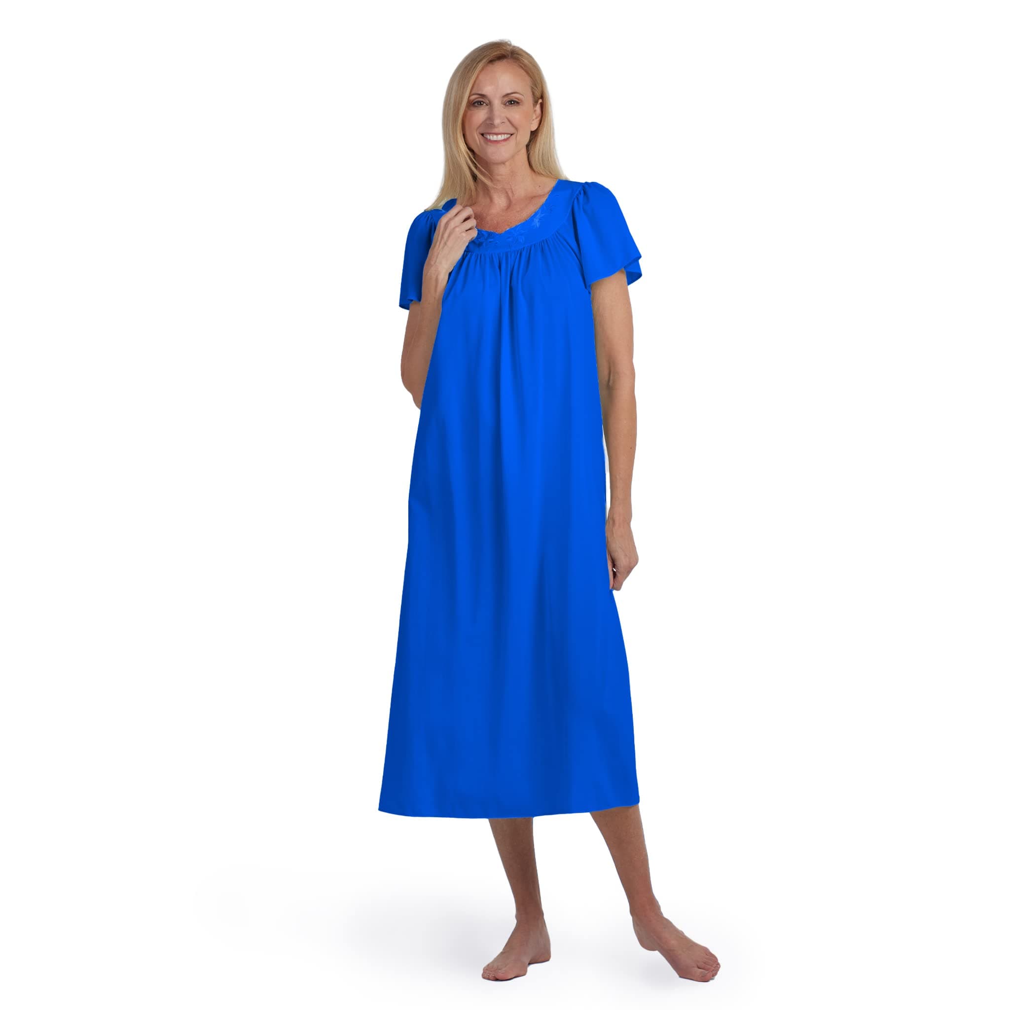 Nightgown - Women's Long Tricot Nightgown, Short Flutter Sleeves, Comfortable Lightweight Fabric, Sleepwear