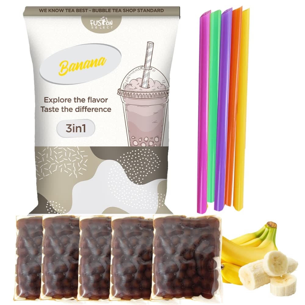 Fusion Select Authentic Banana Bubble Tea Kit Extra Rich Boba Tea Drinks, Boba Tapioca Pearl, Boba Straws, Complete Boba Kit