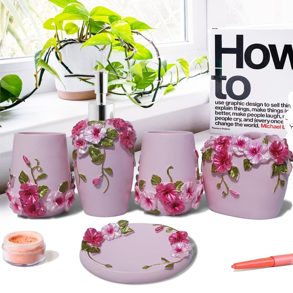 LUANT Vintage Pink Bathroom Accessories, 5Piece Bathroom Accessories Set, Bathroom Set Features, Soap Dispenser, Toothbrush Holder, Tumbler & Soap Dish - Bath Gift Set