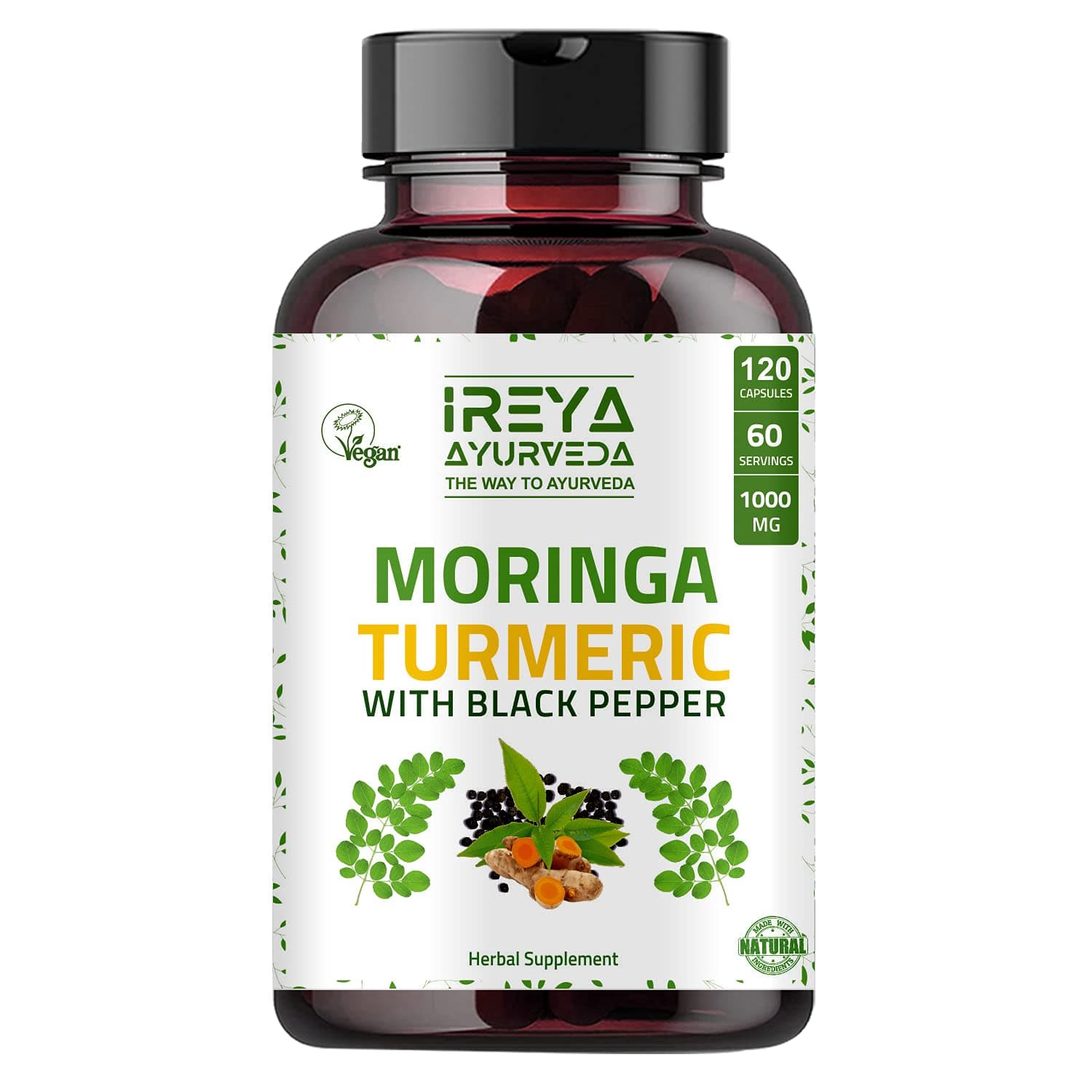 Moringa Oleifera Powder & Turmeric Root Powder with Black pepper 120 Capsules | Immunity & Metabolism Support, Joint and Digestive Support. Vegan, Gluten-Free and Non-GMO