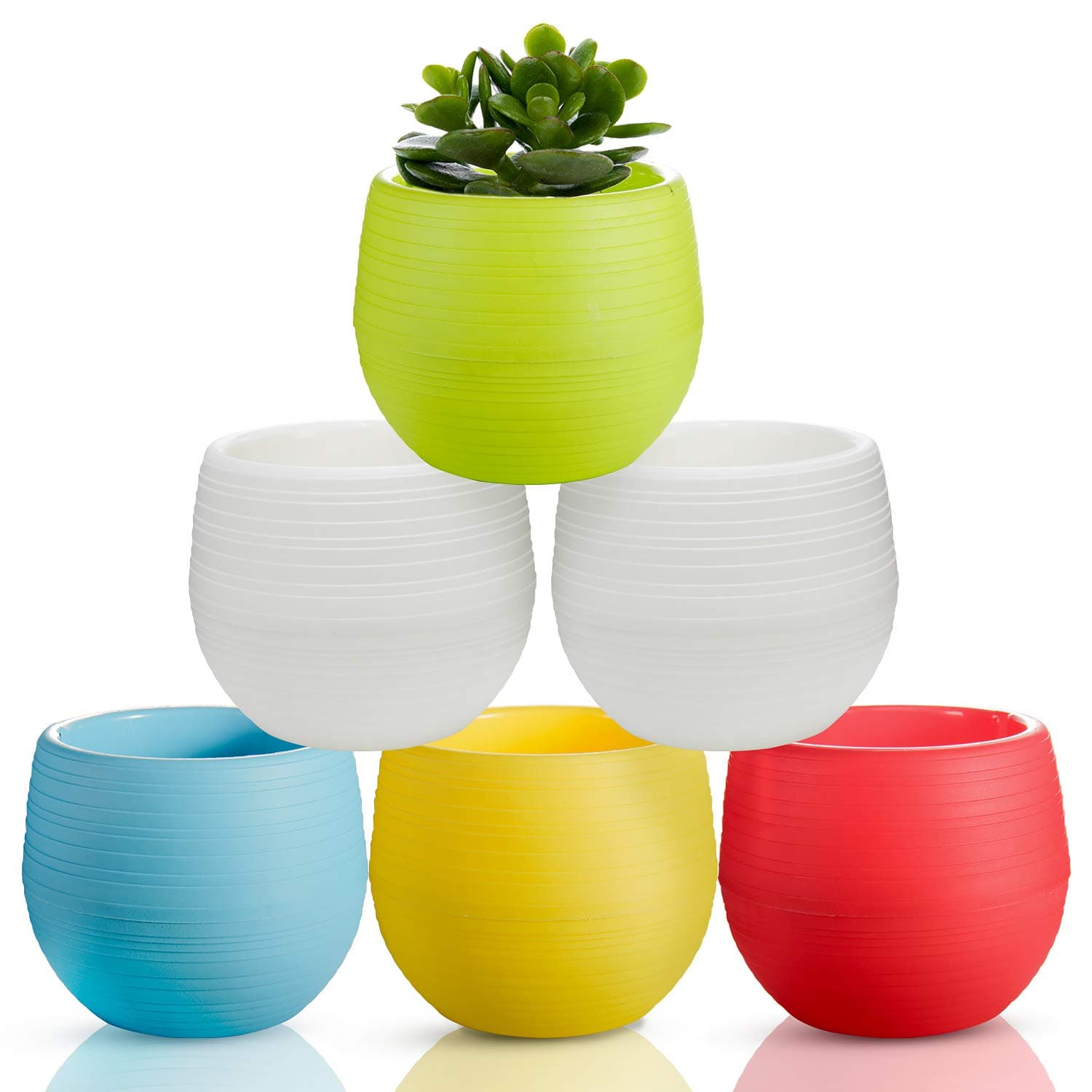 EHWINE Plastic Plant Pots 6 Pack, 4 Inch Colorful Cute Egg Shape Flower Pots Indoor, Removable Saucer Plant Pot with Drainage Hole for Cactus, Succulent, Seed Starting