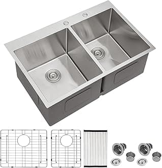 - Mocoloo 33 Drop In Kitchen Sink Double Bowl 33 x 22 Drop Sink Double Bowl 60/40 T304 Stainless Steel 16 Gauge Topmount Handmade, 10 Inch Deep