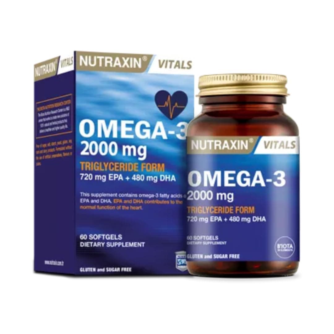 Nutraxin Omega 3 2000mg 60 Softgel High Strength Fish Oil 720mg EPA 480mg DHA Burpless Non GMO Gluten Free