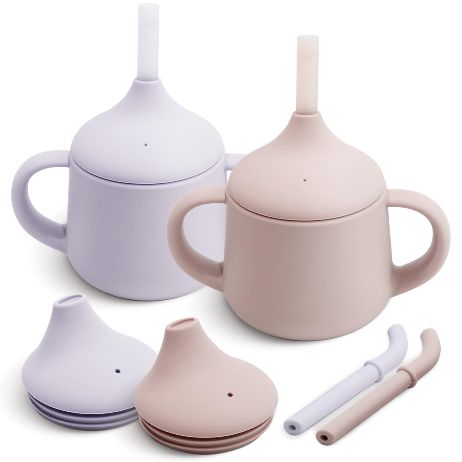 Moonkie Silicone Baby Sippy Cup 6+ Months with 2 Straws (Free Flow & Leak-Proof Valve) | 3 Stage Transition | Baby Water Bottle | BPA Free & Dishwasher Safe | 120ml(Blush/Mauve)