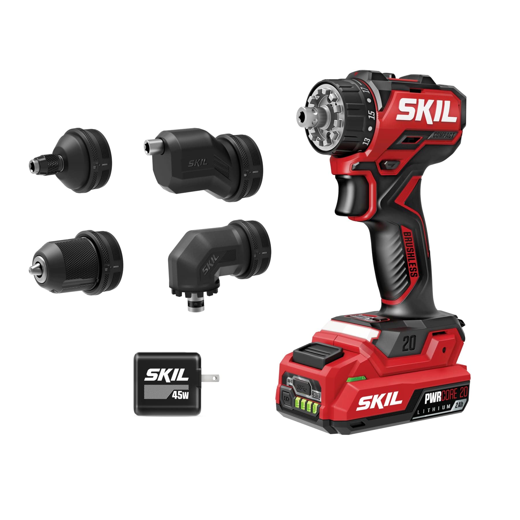 Brushless 20V Compact Multi-Head Drill Driver Kit Including 2.0 Ah USB-C Battery & PD Charger-QD6293B-10