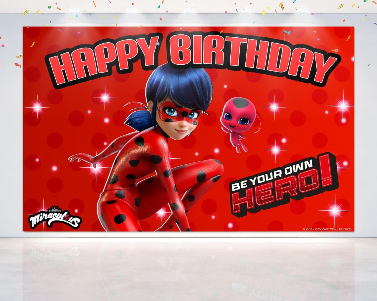 PC 5x3 FT Miraculous Ladybug Backdrop V3 for Birthday Party Decorations. Cartoon Miraculous Ladybug Background for Theme Birthday., Red (M_B3)